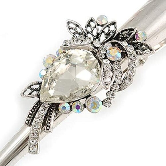 Vintage Inspired Silver Tone Crystal Floral Hair Clip Long Thick Hair main image 4